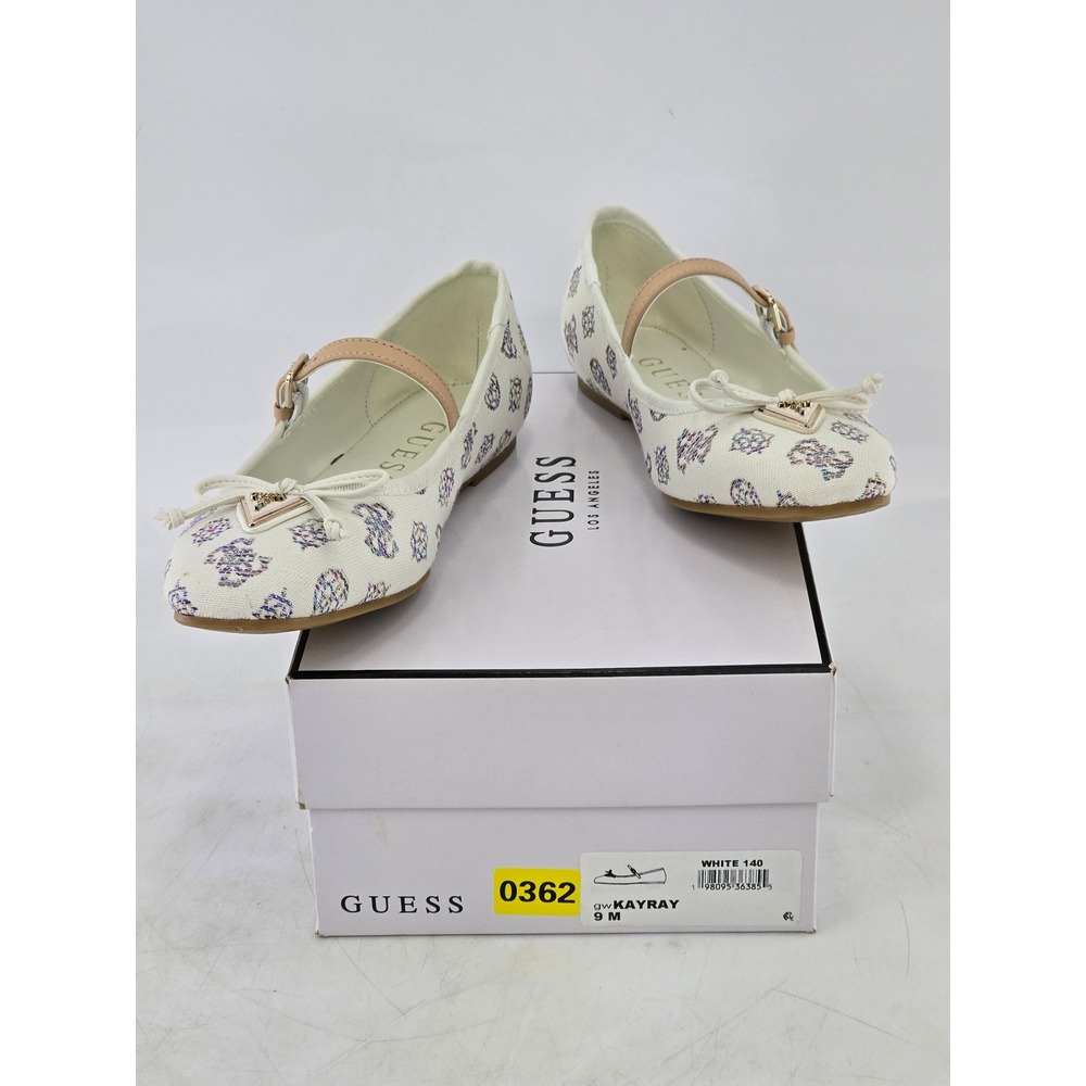 Guess Kayray Ballet Flats Womens 9 White Logo Mary Jane Bow Shoes - NEW